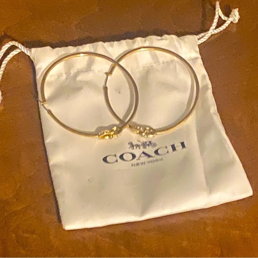 COACH Signature “C” Brass & Crystal Hoop Earrings, EUC - Picture 4 of 13